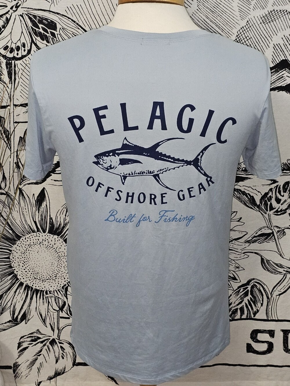 Pelagic Light Blue Offshore Fishing T-Shirt with Tuna Graphic 50+ UPF Small
